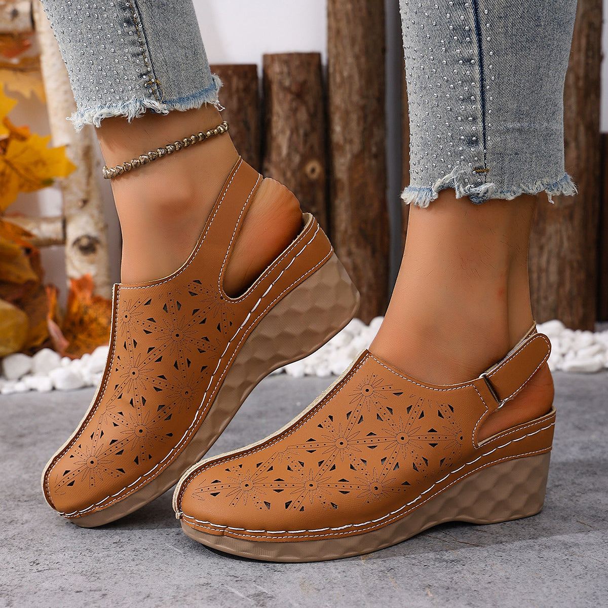 👡👡【36-43】Нови стилни, ажурни, удобни сандали с клиновиден ток