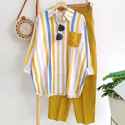 🌸【S-5XL】Нов пролетен раиран комплект, от две части с дълги ръкави и панталон.