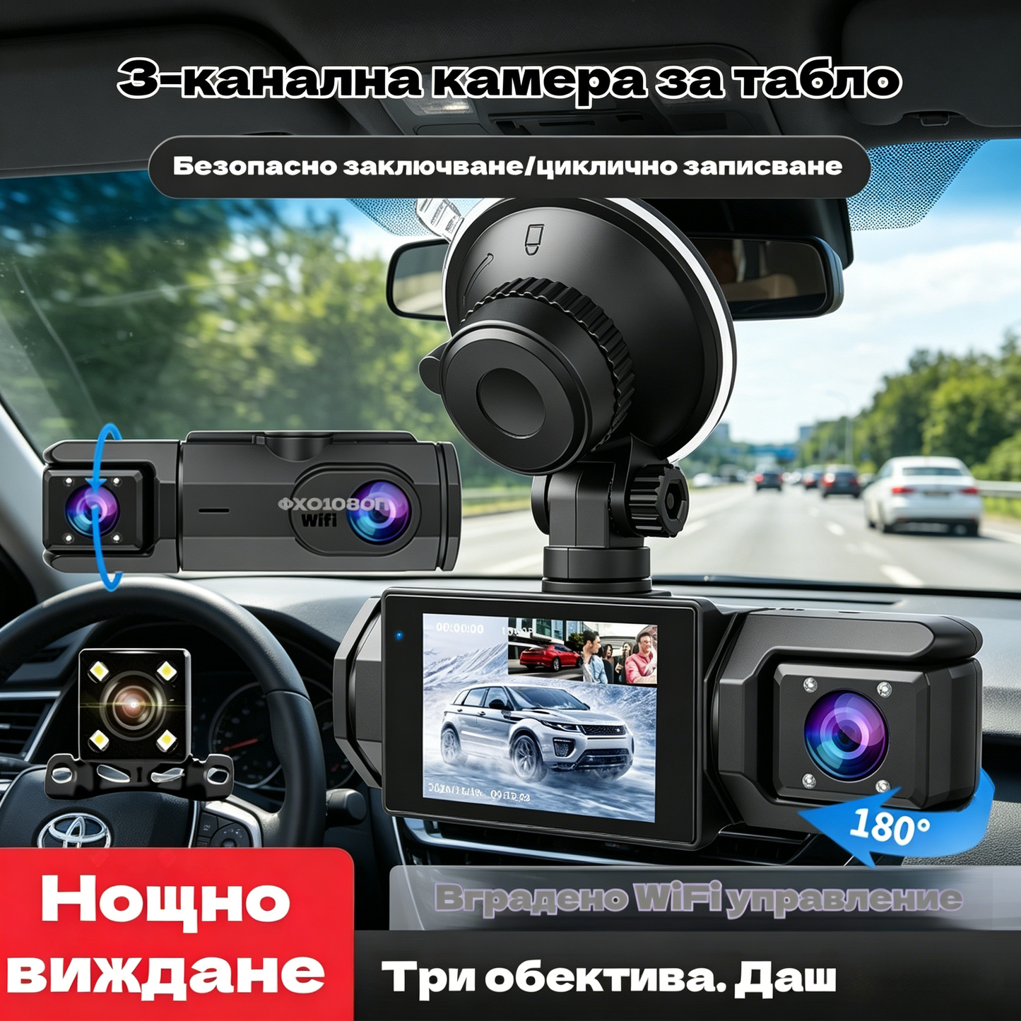 🚗1080p HD видеорегистратор, камера за наблюдение на автомобил и паркинг с 3 обектива
