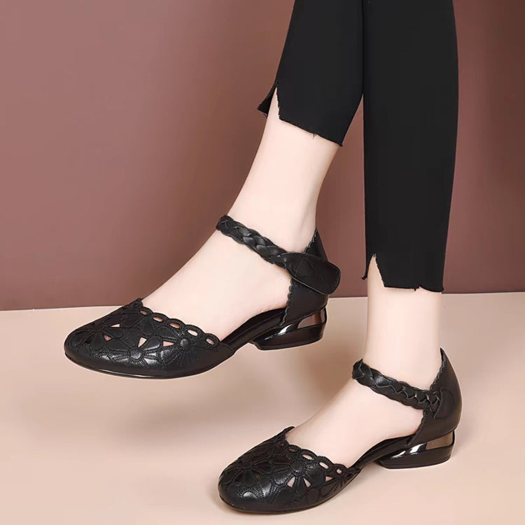 🌸🥿Нови дамски ретро кожени сандали с дебел ток