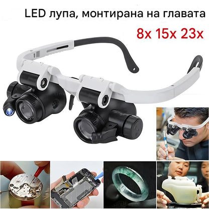🔍Лупа с окуляри 8x, 15x и 23x, оборудвана с LED осветление