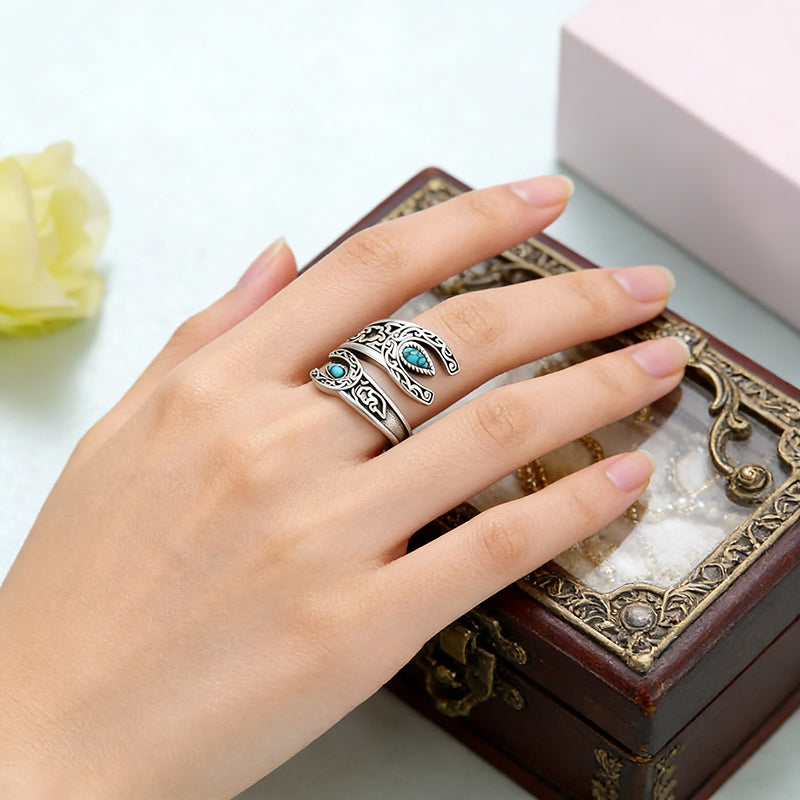 🌙Винтидж пръстен с тюркоаз и лунна светлина 💍 Дизайн с капковидна обковка от сребро 925 ✨ Регулируем отвор, подходящ за всички размери пръстени