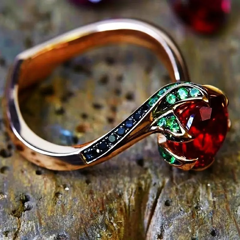 🎁💖💎Нов и елегантен пръстен с кубичен цирконий и гранат във формата на роза