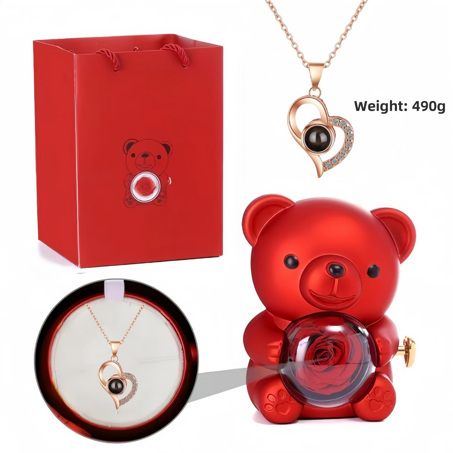 ✨Колие във формата на сърце, подарък за Свети Валентин + очарователно плюшено мече от консервирана роза - романтичен подарък за Деня на майката, сватби, годишнини и Свети Валентин.