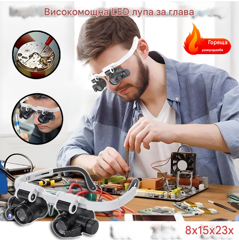🔍Лупа с окуляри 8x, 15x и 23x, оборудвана с LED осветление