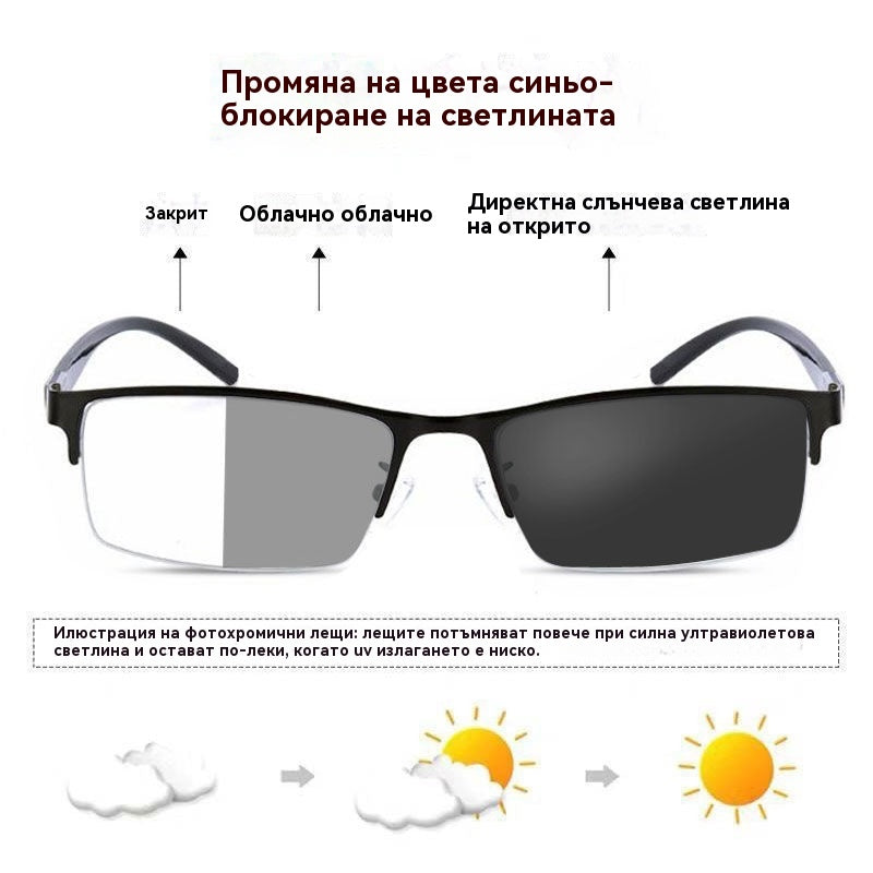 👓✨🕶️🔥Метални фотохромни слънчеви очила с полурамка, очила за късогледство против синя светлина, слънчеви очила за шофиране