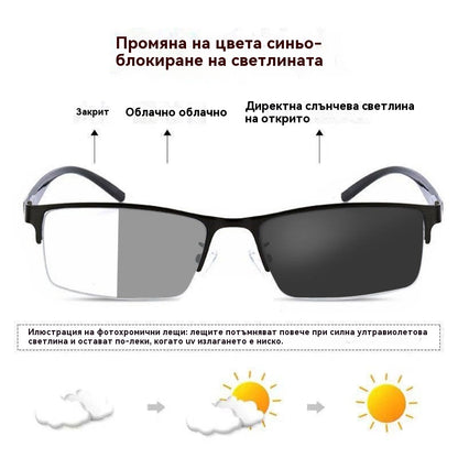 👓✨🕶️🔥Метални фотохромни слънчеви очила с полурамка, очила за късогледство против синя светлина, слънчеви очила за шофиране
