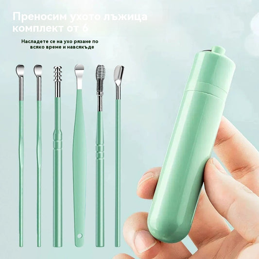 👂Комплект от 6 инструмента за премахване на ушна кал с тръбичка за съхранение | Пълен комплект за грижа за ушите – инструмент шест в едно! 👂