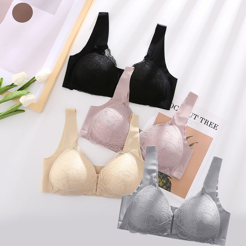 😍✨1 σετ 4 τεμαχίων σε 4 χρώματα【40-11kg】Σουτιέν Plus Size με κλείσιμο μπροστά και δαντέλα χωρίς μπανέλες