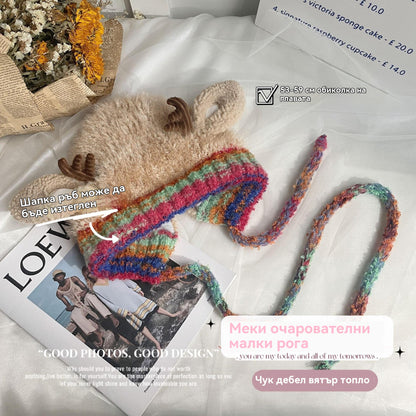 Сладка плюшена шапка от еленови рога за жени, топла плетена шапка с презрамки и ушички за есен и зима.