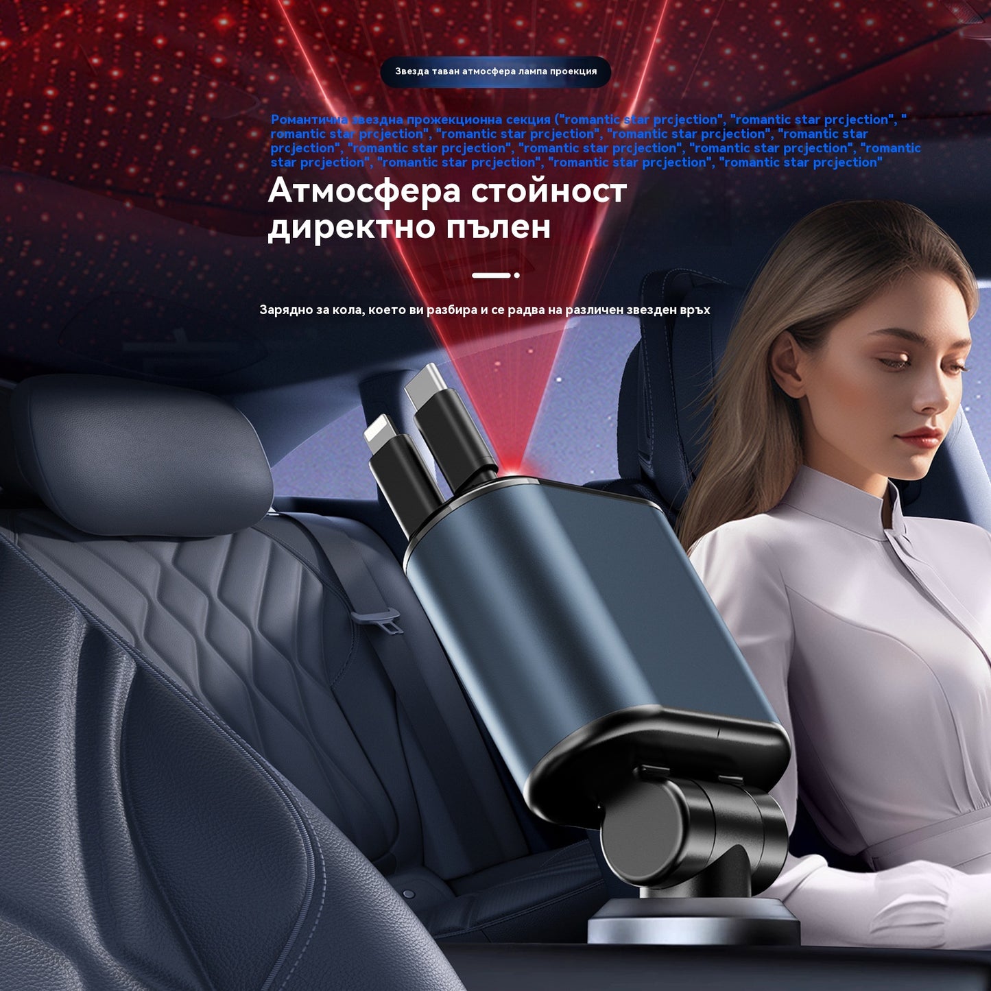 ⚡✨ Ултрабързо зарядно за кола: Два прибиращи се USB-C порта със Starlight околна светлина и интелигентна защита 🚗💫