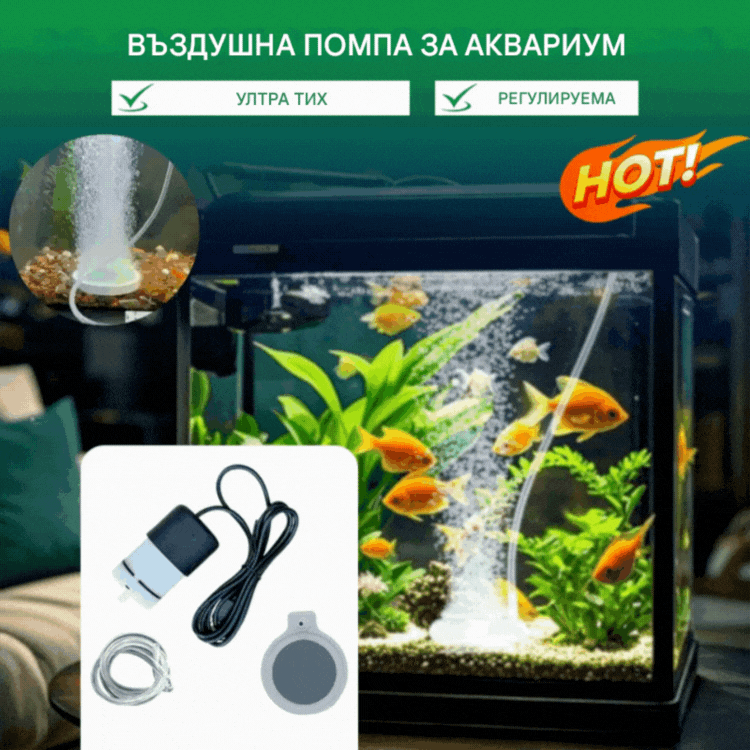 🐟Ултратиха въздушна помпа, аератор с голям обем и регулируем обем за домашни аквариуми.