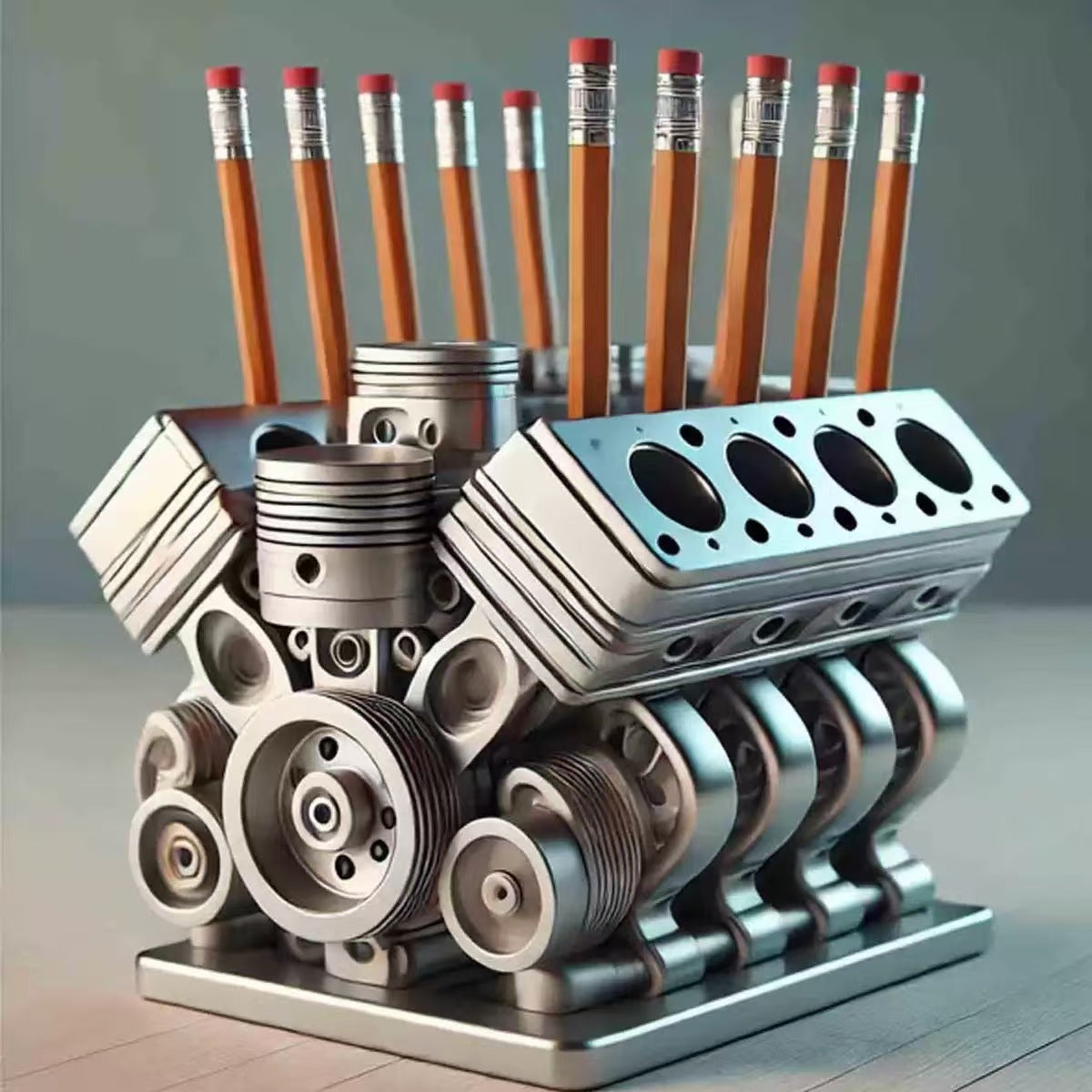 🛠️Държач за химикалки с модел двигател V8 - креативен настолен органайзер за домашни офиси -👨‍💻👷 перфектен подарък за автомобилни ентусиасти, механици и инженери