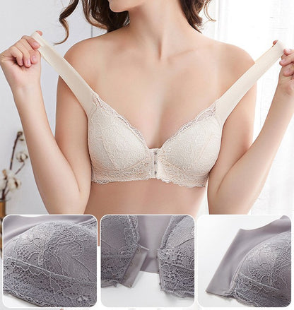 😍✨1 σετ 4 τεμαχίων σε 4 χρώματα【40-11kg】Σουτιέν Plus Size με κλείσιμο μπροστά και δαντέλα χωρίς μπανέλες