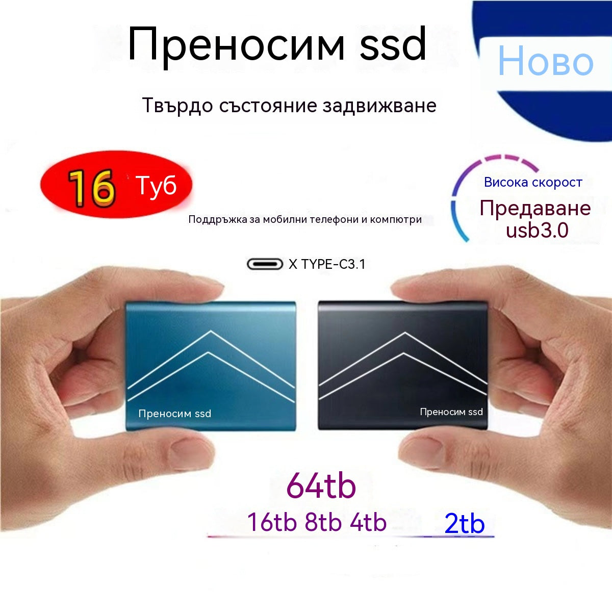 【1TB-16TB】SSD високоскоростно съхранение за четене и запис твърд диск+Type-C+OTG комплект адаптери