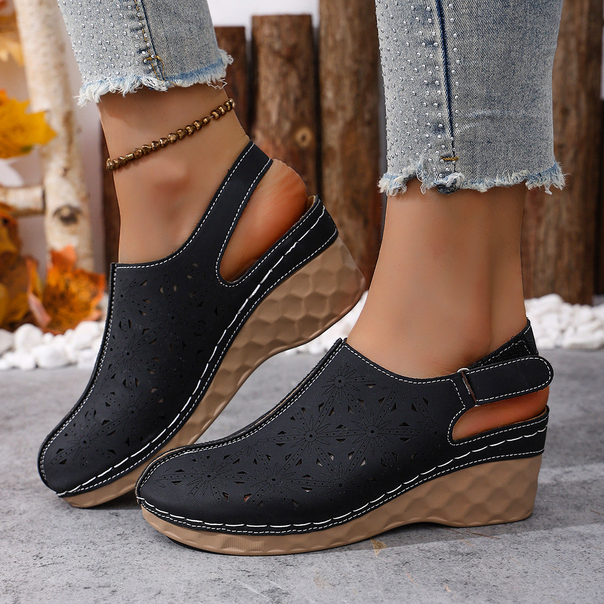 👡👡【36-43】Нови стилни, ажурни, удобни сандали с клиновиден ток
