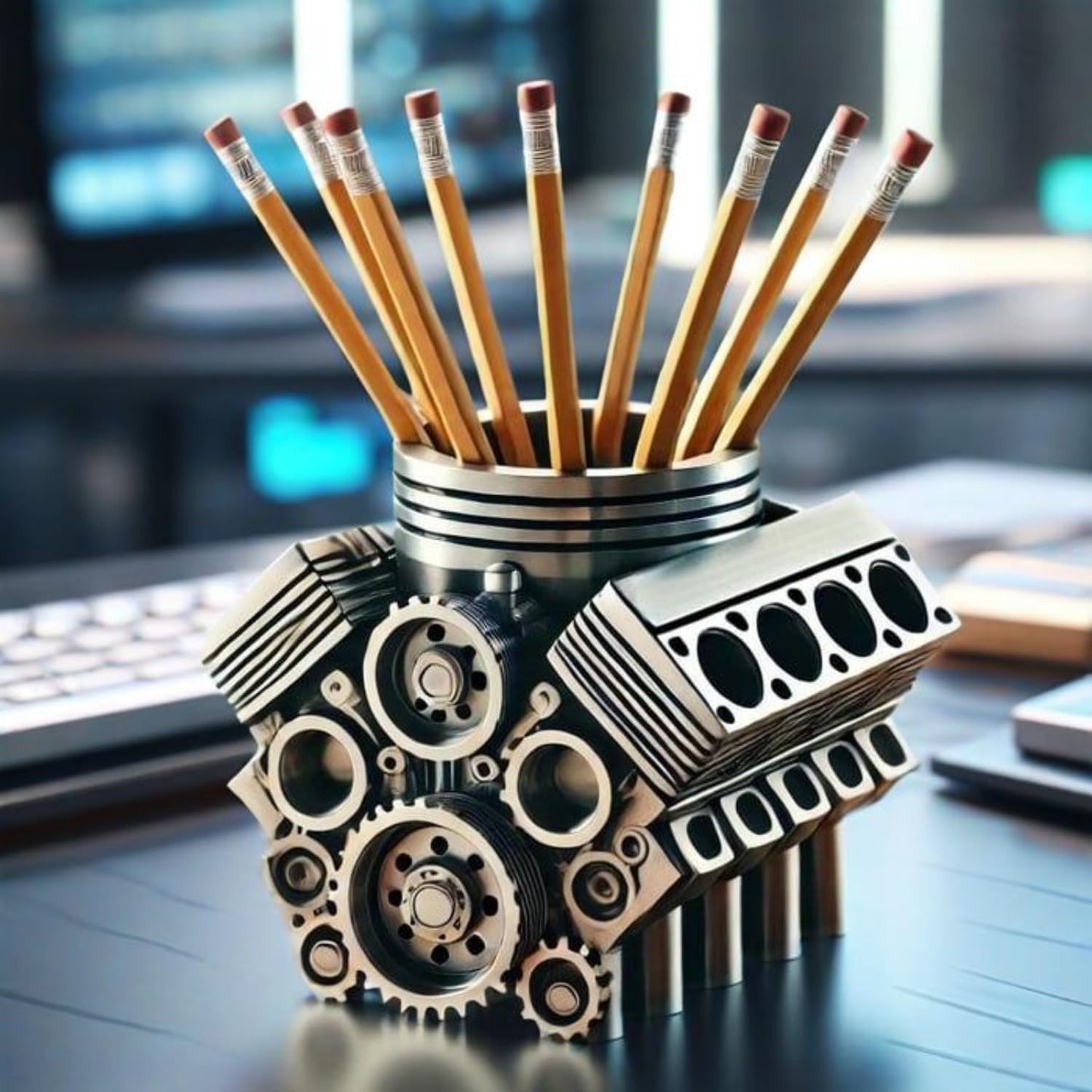 🛠️Държач за химикалки с модел двигател V8 - креативен настолен органайзер за домашни офиси -👨‍💻👷 перфектен подарък за автомобилни ентусиасти, механици и инженери