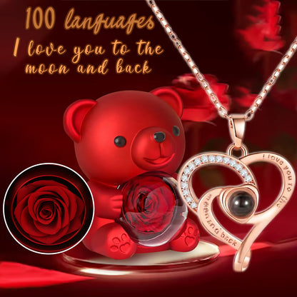 ✨Колие във формата на сърце, подарък за Свети Валентин + очарователно плюшено мече от консервирана роза - романтичен подарък за Деня на майката, сватби, годишнини и Свети Валентин.