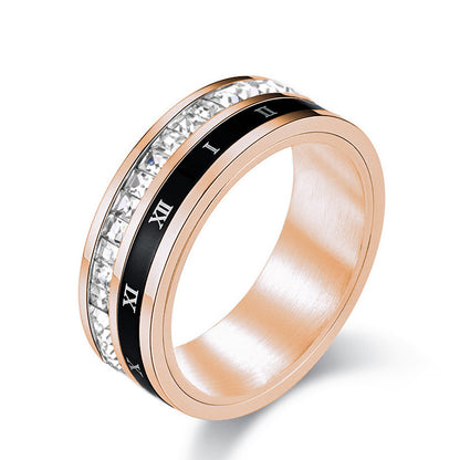 ✨Купете един, вземете втори безплатно✨Въртящ се пръстен от стомана и титан, украсен с римски цифри и диаманти