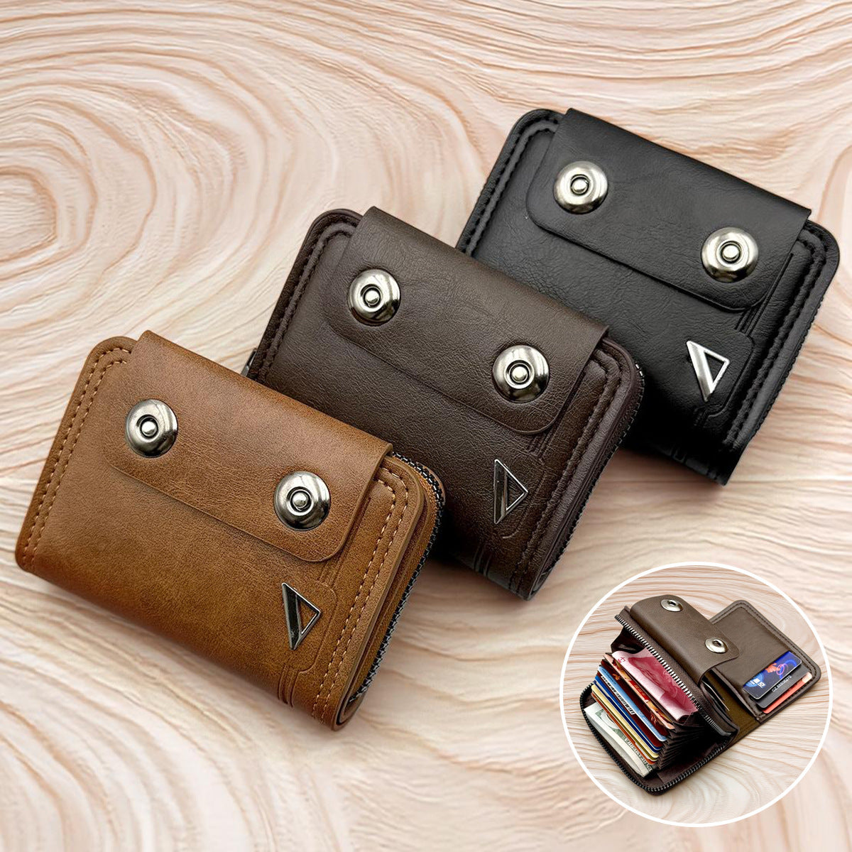 🔥【Гореща продажба】Нов мъжки къс портфейл, дизайн с двойна катарама, голям капацитет, множество отделения за карти.