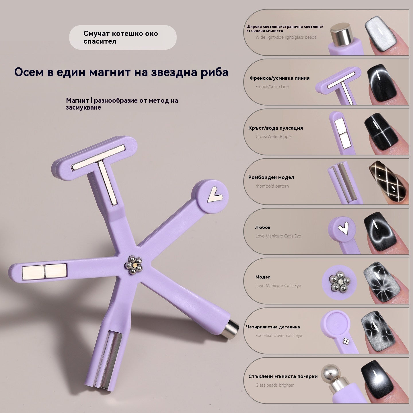 💅🧲🎨Горещи продажби🔥8в1 магнитна декорация за нокти с котешко око, силен магнитен ефект, многофункционален инструмент с котешко око