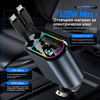 ⚡✨ Ултрабързо зарядно за кола: Два прибиращи се USB-C порта със Starlight околна светлина и интелигентна защита 🚗💫