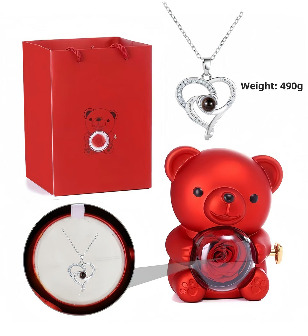 ✨Колие във формата на сърце, подарък за Свети Валентин + очарователно плюшено мече от консервирана роза - романтичен подарък за Деня на майката, сватби, годишнини и Свети Валентин.