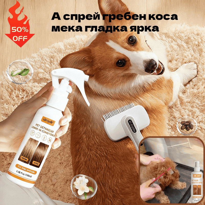 🐶🐱【Купете 1, вземете 1 безплатно】Спрей за изглаждане на козината на домашни любимци – Нежна формула, която дълбоко хидратира и лесно разресва козината.
